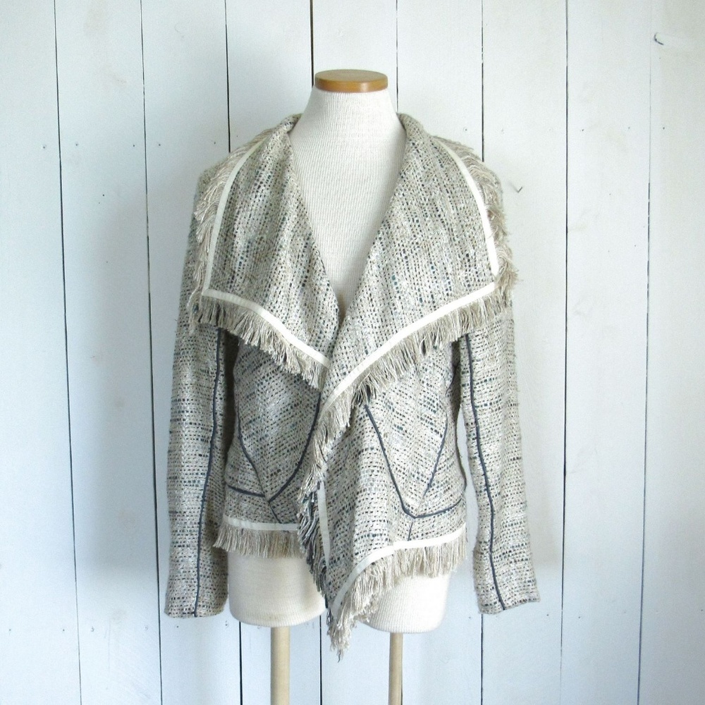 Fringe Jacket Beige Blue Woven Career Jacket XL